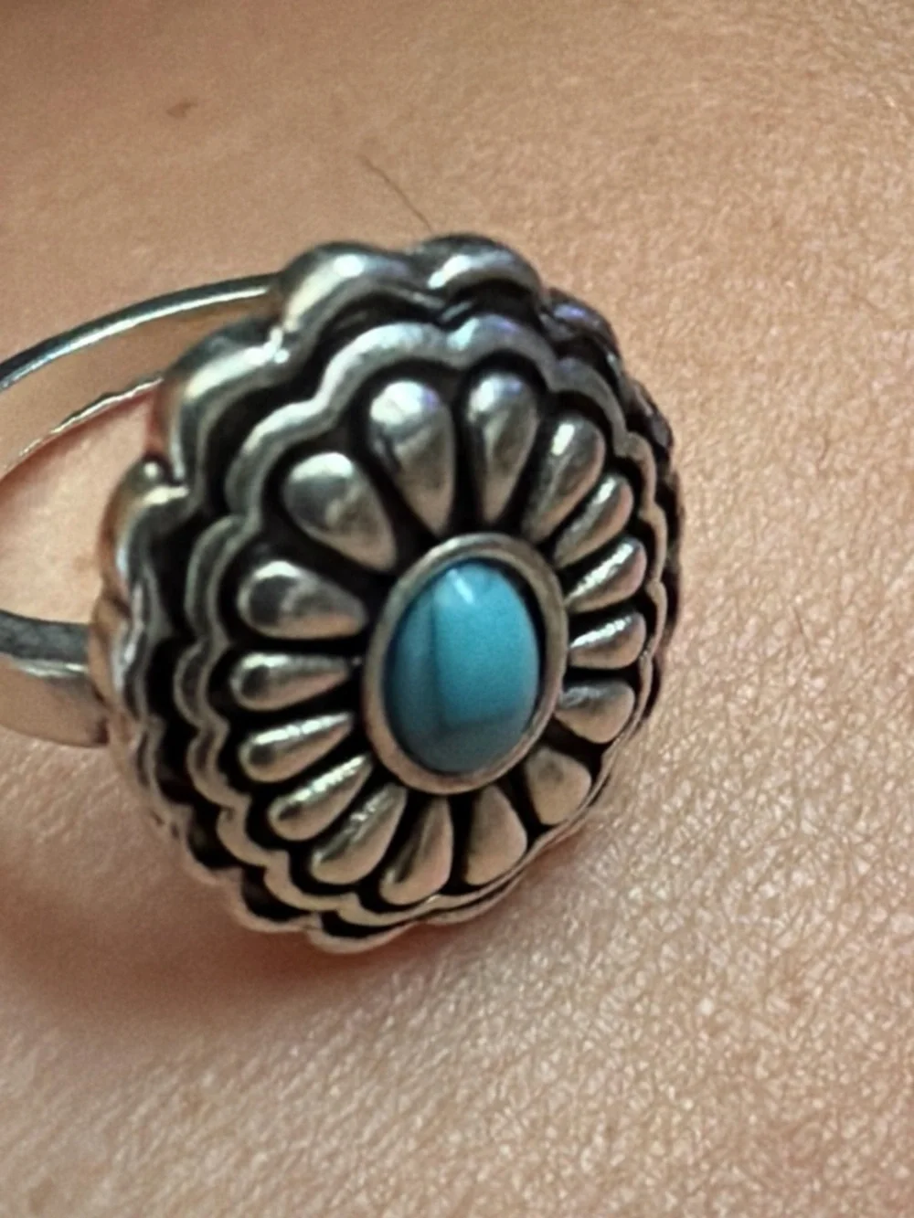 Turquoise Center Silver Floral Ring - Women Jewelry